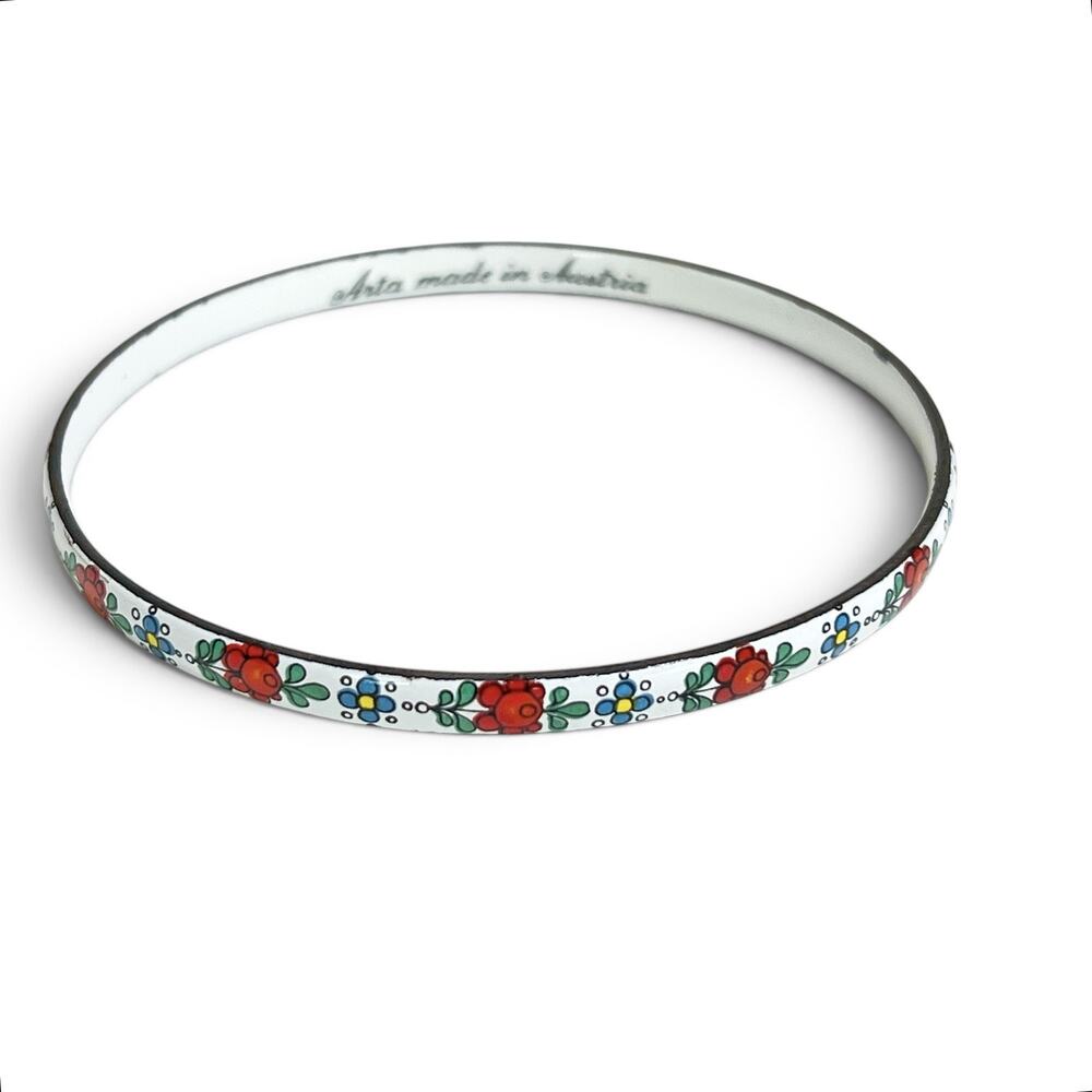 Vintage Arta Austria Bangle Bracelet Painted Folk Art Enamel MCM Dainty Romantic